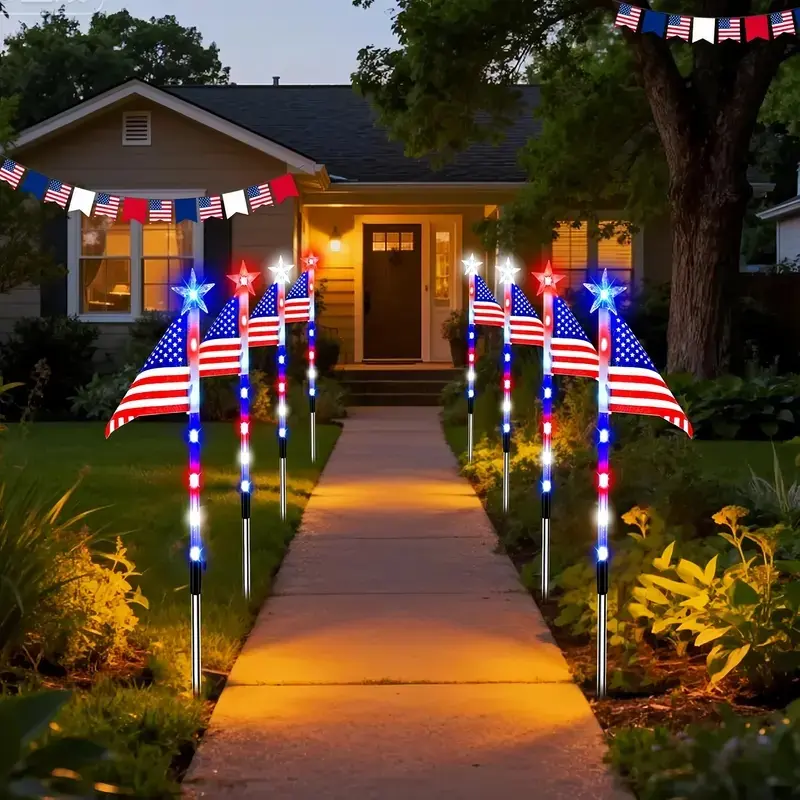 Patriotic 8-Piece Solar American Flag Light Set - 8 Lighting Modes, Water Resistant Outdoor Aesthetic Decorative Lights for Independence Day, Veterans Day Pathway Garden Yd Decor