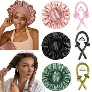 5pcs Heatless Curling Set & Satin Sleep Cap | Spring/Summer Beach Waves, No-Heat Overnight Styling for Natural/Curly/Long Hair | Adjustable Headwrap & Luxury Silk Kit, Women’s Day Gift for Lazy Hair Care