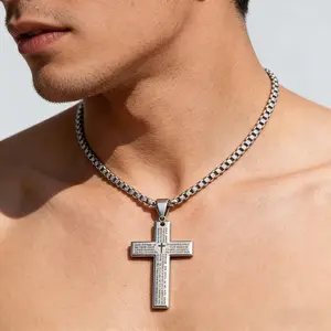 Stainless Steel Cross Scripture Pendant Necklace Laser Engraved Faith Accessory Minimalist Design Durable Believers Gift Spiritual Wear Sweater Chain