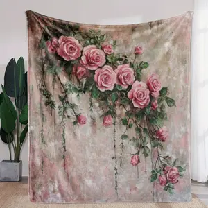 Vintage Pink Rose Floral Throw Blanket Soft Cozy Flannel for Couch Bed Elegant Home Decor Gift Birthday Christmas Mother's Day
