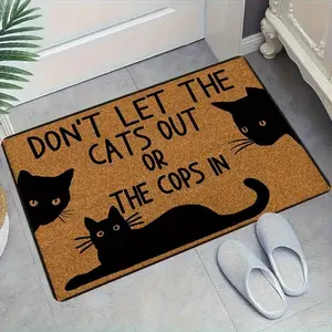 [Bathroom decor doormat] Humorous Cat Flannel Doormat - Anti-Slip, Absorbent, Washable Non-woven Fabric Rug | "Don't Let the Cats Out or the Cops In" Design for Home, Bathroom, Camping Decor