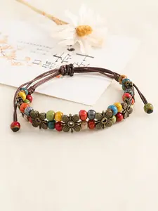 1pc Bohemian Vintage Handmade Woven Colorful Ceramic Beaded & Leather Cord Bracelet With Flower Charms & Adjustable Knot For Women Girls Daily Wear Party Gift