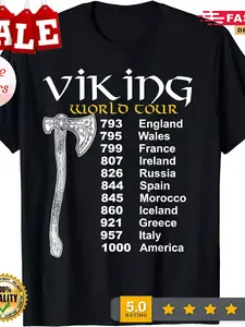 VIKING WORLD TOUR Black Graphic T Shirt Unique Viking Axe Design Badge 5 0 Star Rating Perfect for Casual Wear And Gifts for History Buffs And Adventurers Interesting Graphic T-Shirt Series Men'S Round Neck Short Sleeved Casual Top Plus Size