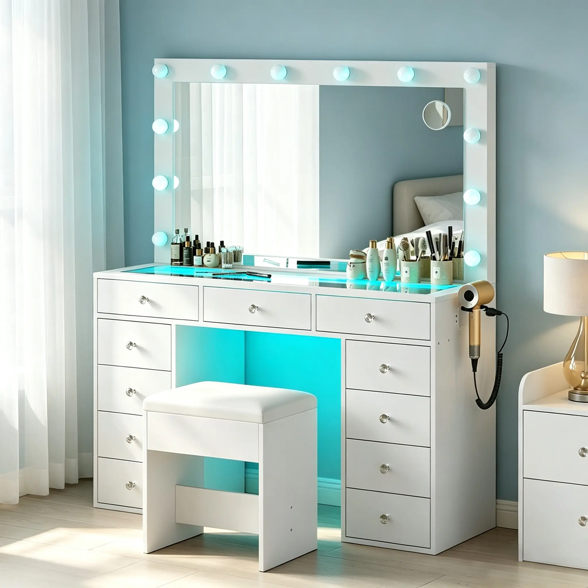 CollaredEagle Vanity Desk with Tempered Glass Topwith & Power Outlet, 11 Drawers Vanity Table with 3 RGB Drawers & Chair, Makeup Vanity with 12 LED Lights, Dressing Table for Bedroom,Dressing Room