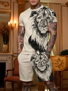 Men's New Short Sleeve Crew Neck Fitted T-Shirt and Shorts Set, Round Neck, Stylish All-Over Lion Print for Casual Streetwear, Perfect for Spring & Fall