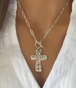 Hammered Cross Necklace: Large Silver Pendant, Religious Jewelry