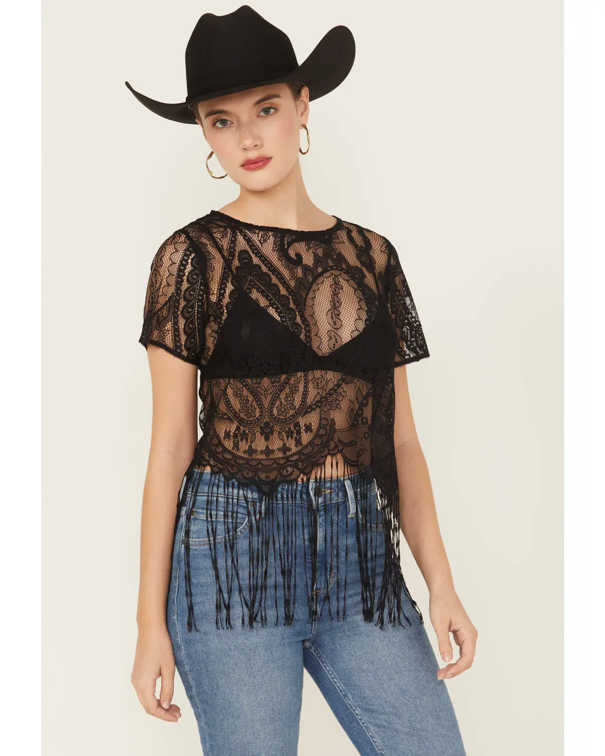 Lace Fringe Short Sleeve Shirt