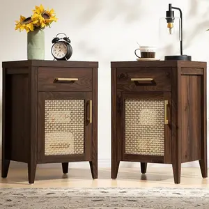 SICOTAS Tall Nightstands Set of 2 with Drawer, Mid Century Modern Wood Night Stand Rustic Bedside Tables with Storage, Vintage End Tables with Metal Mesh Door for Bedroom, Brown Oak