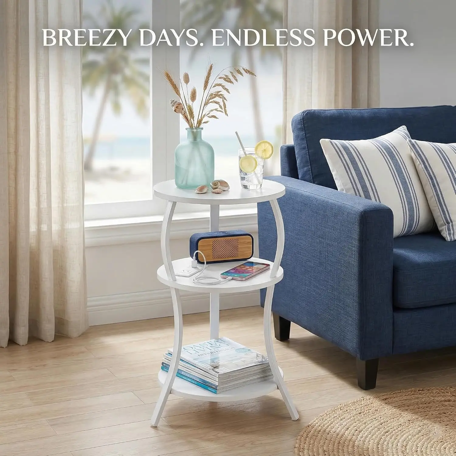 Zexvida Small Round Indoor Side Table with Charging Station, White - 3-Tier Waist Circular Nightstand with Storage Shelf, Round Corner Bedside Table for Living Room Small Spaces