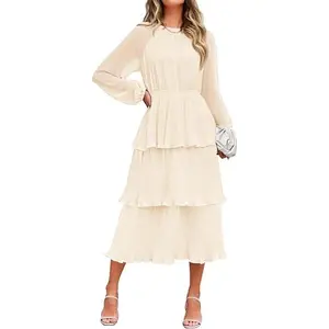 ZESICA Women's 2026 Fall Long Sleeve Ruffle Tiered Layered Chiffon Flowy Swing Wedding Guest Cocktail Party Midi Dress