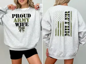 Custom Proud Army Wife Sweatshirt with Name, Proud Military Family Tee, Green Line Coquette