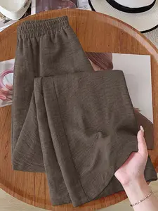 Women's Solid Color Linen Palazzo Pants Classical Summer Flowy Wide Leg Beach Trousers Casual Outdoor Trouser With Pocket Casual Soft Elastic High Waist Lounge Pants Travel Vacation Bottoms Date Brunch Home Work Streetwear Outfit