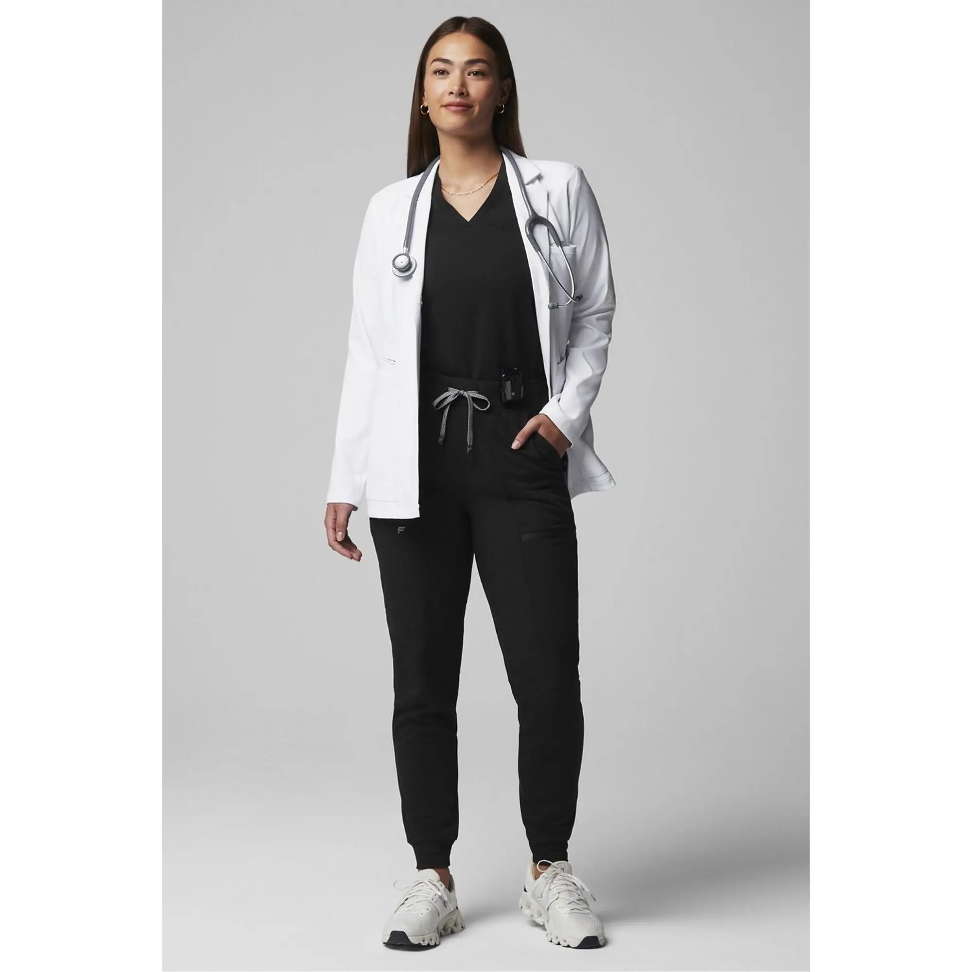 Fabletics Women's Axis Short Lab Coat, Breathable Fabric Scrubs Clothes with Pockets