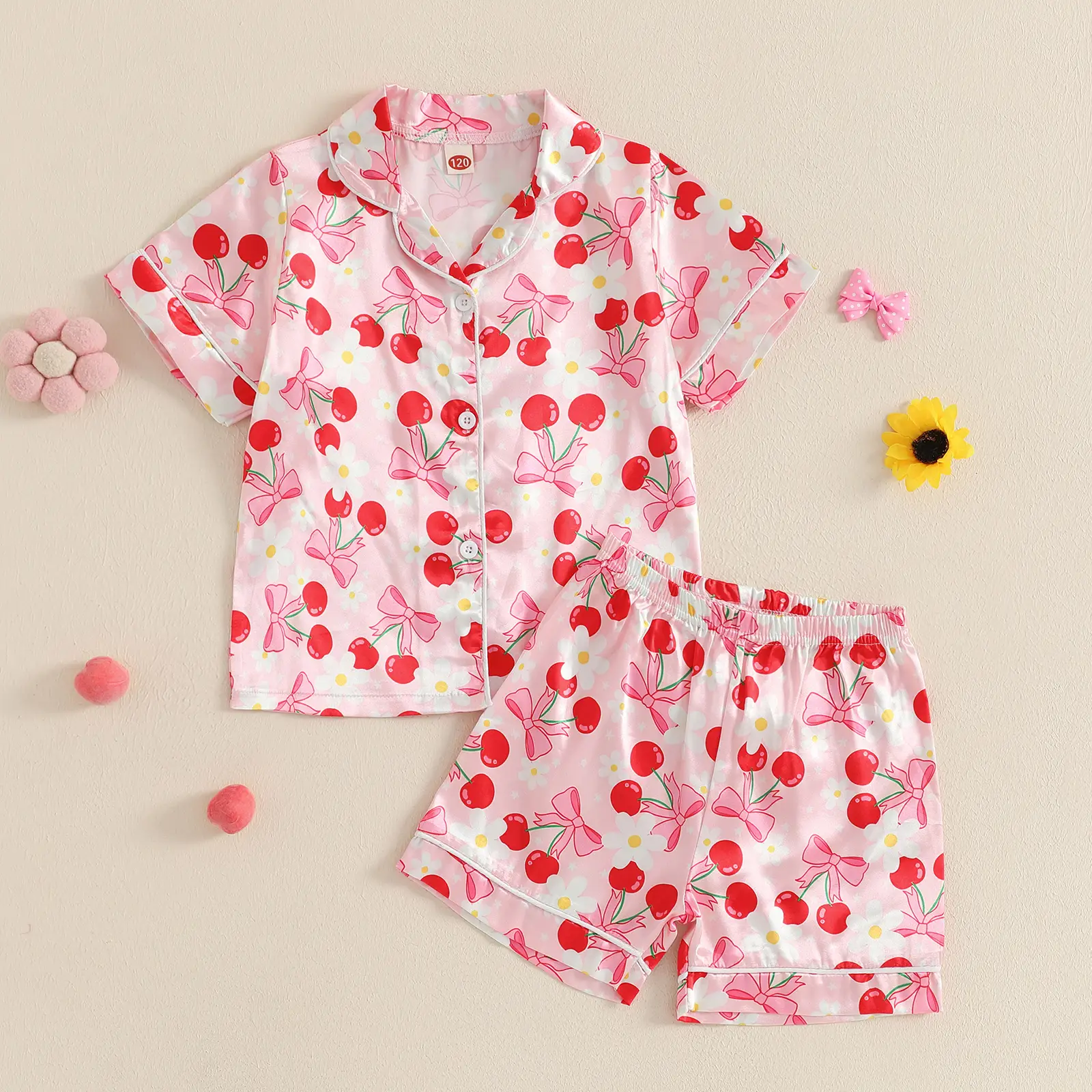 Little Girl Summer Pajama Set, Bow Berry Print Short Sleeve Button-up Tops Elastic Waist Shorts 2 Pcs Sleepwear Outfit