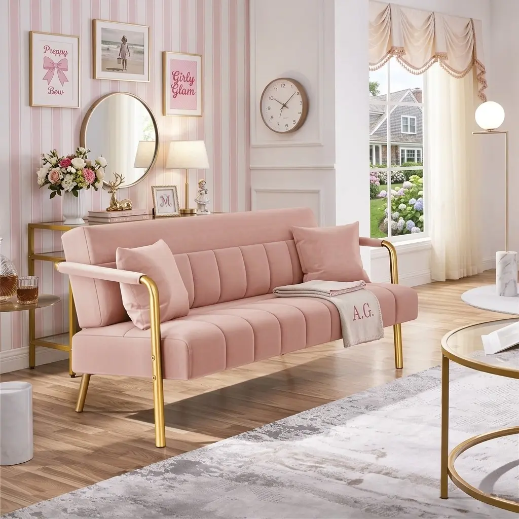 Pink Velvet Loveseat, 56.5" Modern Sofa with Gold Legs, Ergonomic Mid-Height Backrest, Sturdy Wood & Iron Frame, 600lb Capacity, 2-Person Seating for Home Living Room Bedroom