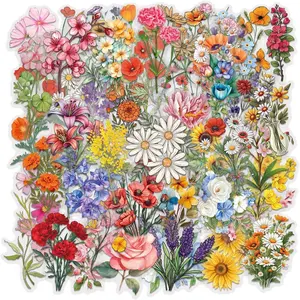 50 PCS Flower Stickers Pack, Transparent Flower Stickers Waterproof Floral PET Decals for Water Bottles Laptop Scrapbooking Journaling Guitar Suitcase Phone Gifts for Kids Teens