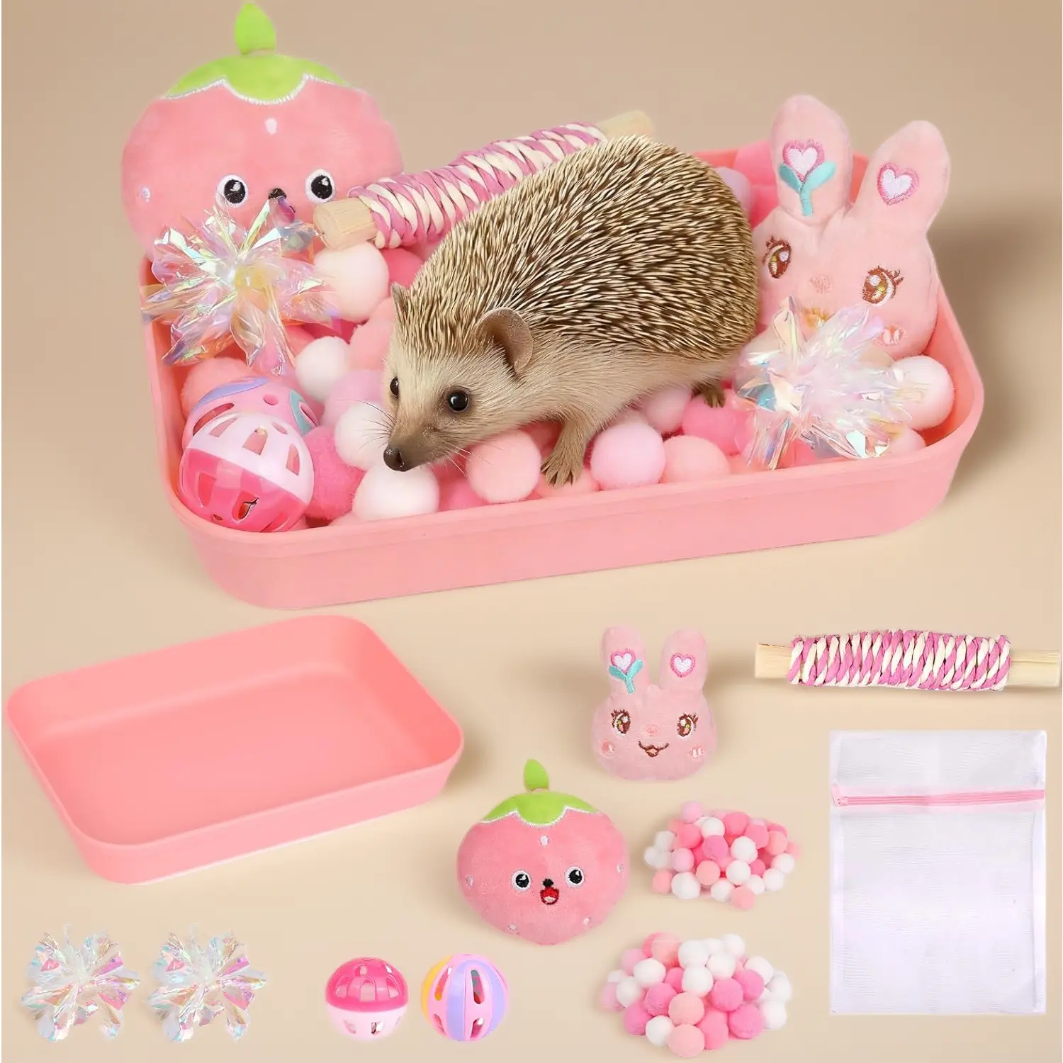Hedgehog Cage Dig-Box Tray with Bell Ball Toy - Sporty Protective Gear Small Animal Accessory for Ferret, Kitten, Hamster - Encourages Natural Digging Behavior (Pink)