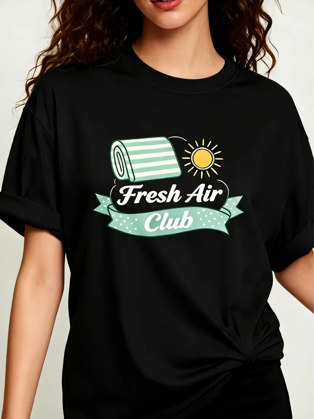 Fresh Air Club T-Shirt - Black Crew Neck Short Sleeve with Graphic Design, Casual Style for Everyday Wear
