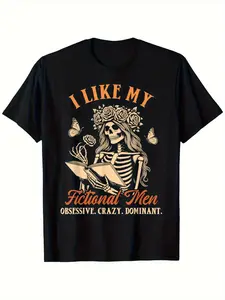 Dark Romantic "I Like My Fiction Man" Menswear Round Neck Shortsleeve Top - Unisex 100% Cotton Fabric T-Shirt, Soft Stretchy, Breathable Classic Fit, Skull & Floral Design, Machine Washable, S-XXXL, Black, Thanksgiving