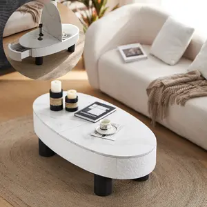 Oval Coffee Table with Faux Marble Tabletop, Mid Century Modern Coffee Table with Hidden Drawer and Storage Space, Coffee Table for Living Room, Bedroom, Office