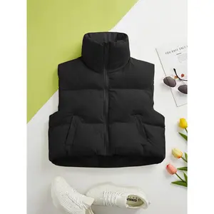 Solid Zip-up Puffy Vest, Casual Sleeveless Pockets Warm Vest For Fall & Winter, Women's Clothing