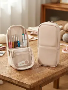 Standing Crochet Hook Case, Waterproof Vegan Leather Craft Pouch with Magnetic Fold-Down Sides, High-Capacity Elastic Slots for Knitting Enthusiasts