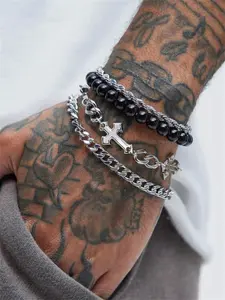 Punk Cross Beaded Stainless Steel Chain Bracelets, Trendy Stack Bangle, 4-Piece Set for Men, Ideal for Daily Wear & Special Occasions, Perfect Gifts, Stackable Bracelets