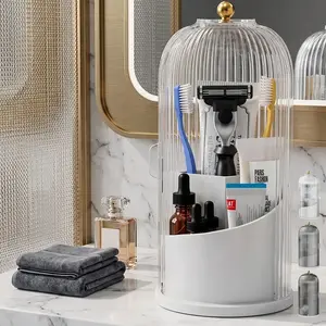 360° Rotating Bathroom Toothbrush Holder with Dustproof Lid, Luxury Fluted Acrylic Cosmetic & Makeup Brush Organizer, Waterproof Toothpaste Vanity Storage Box with 3 Compartments, White & Gold
