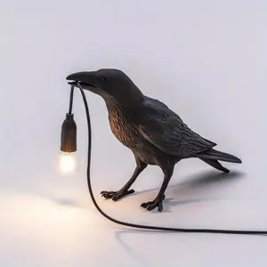 Raven Table Lamp Black/White Resin Crow Desk & Wall Night Light with Bulb