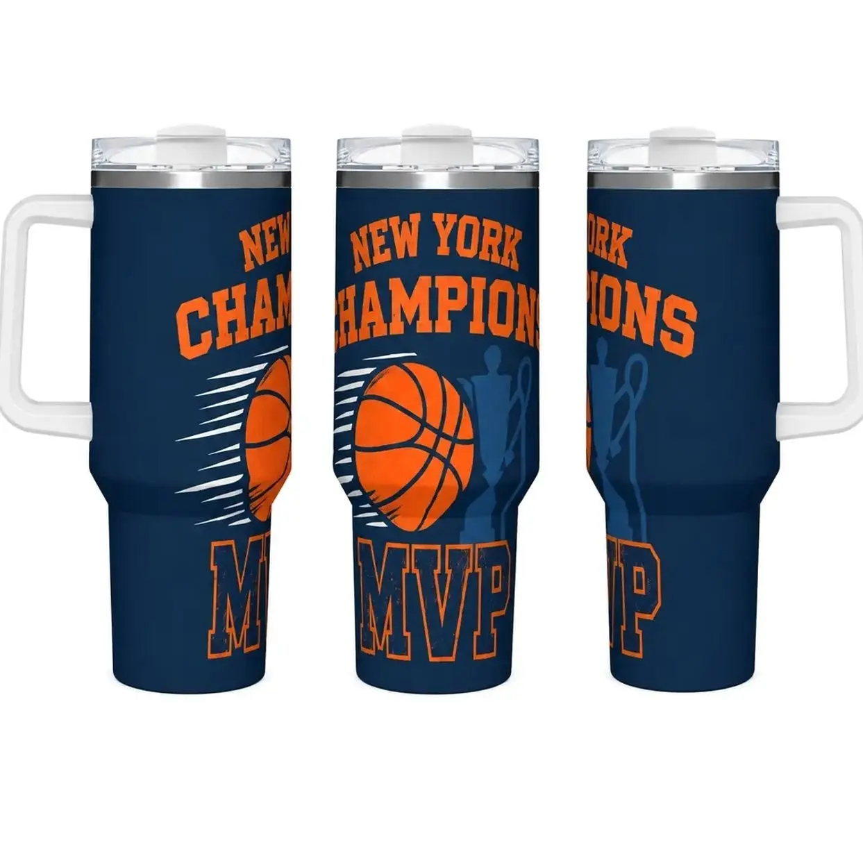 40oz Handle Insulated Portable Water Bottle - 18/8 Stainless Steel Leak-Proof Straw Tumbler, Dark Navy Vintage Distressed New York Champions Basketball Trophy MVP Full Wrap Print, 24H Cold 12H Hot BPA-Free NYC Fan Gift for Men