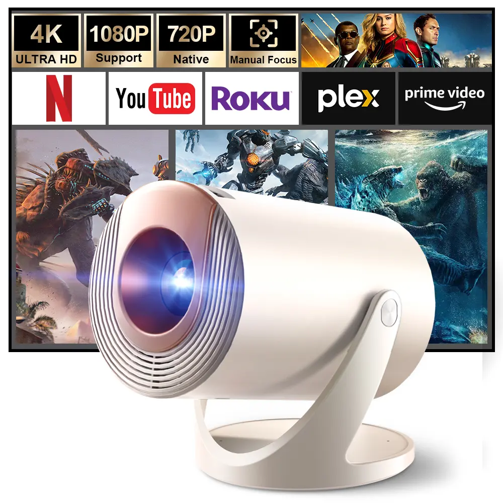 AMOVFILM 2026 DLP LCD Smart Mini Projector - Native 720P, Enhanced Image Quality, Balanced Contrast, Built-in Audio, Auto Keystone Correction, Wireless, Button Control, Streaming Apps, WiFi-Bluetooth, 180° Rotating Stand, Portable Home Theater
