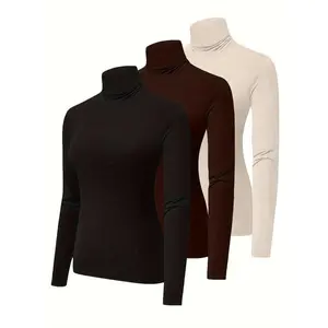 3 Pack Plus Size Simple Thermal Underwear Top Set, Women's Plus Solid Long Sleeve Turtleneck Soft Base Layer Top 3pcs Set Knit