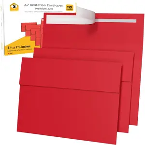 110 5x7 Red Invitation Envelopes - for 5x7 Cards - A7 - (5  1/4  x 7  1/4  inches) -  for Weddings, Graduations,  Showers - 120 GSM - 32lb/80lb Text - Peel, Press & Self Seal - Square Flap