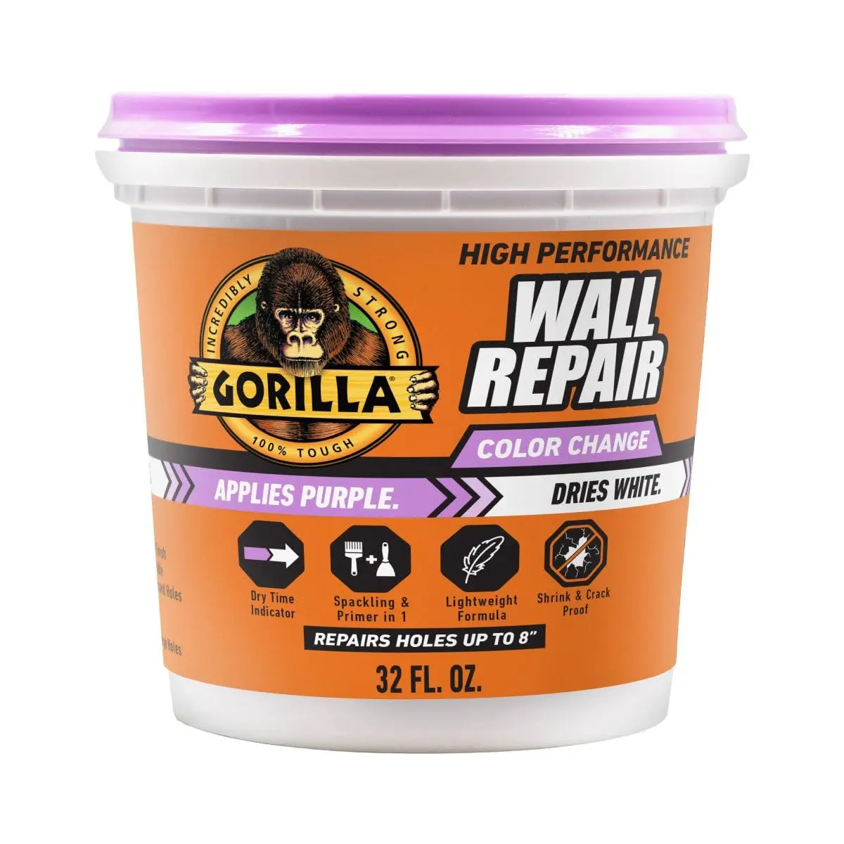 Gorilla High Performance Wall Repair Color Change, 32 Ounce Tub, Applies Purple, Dries White