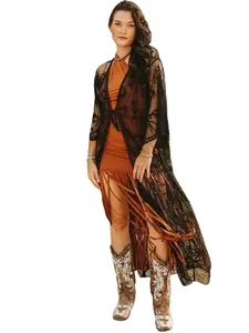Western Whispers Lace Duster - Black or Ivory Women's Coverup Comfort Maxi Long Sleeve Nightwear Resortwear with Fringe Detailing