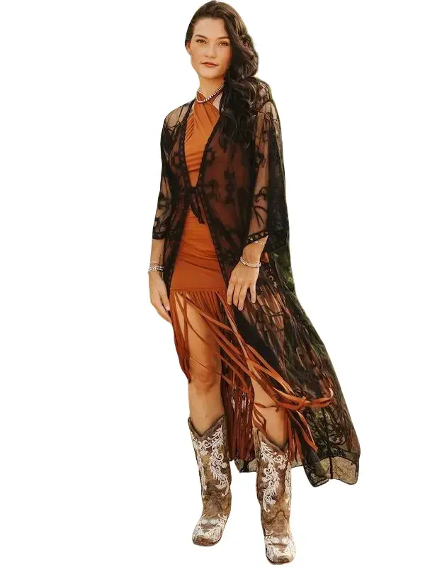 Western Whispers Lace Duster - Black or Ivory Women's Coverup Comfort Maxi Long Sleeve Nightwear Resortwear with Fringe Detailing