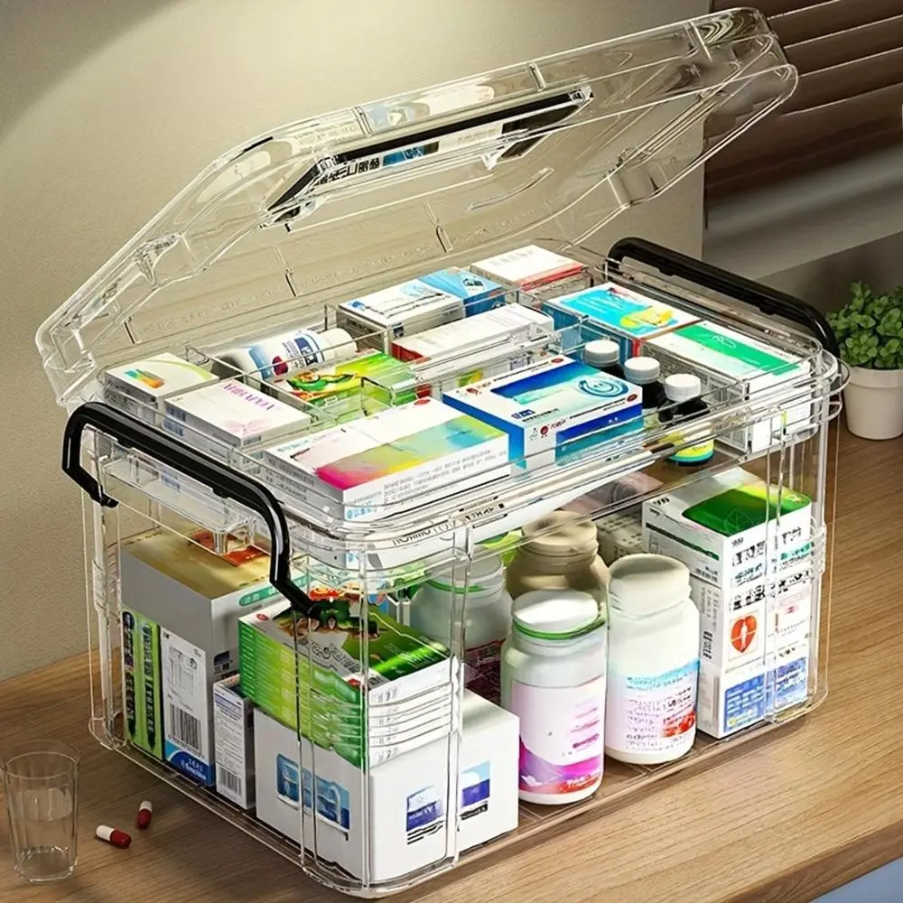 Large Capacity Double-layer Medicine Organizer Box, Clear Storage Box, High Capacity Storage, Waterproof Transparent Storage with Handle, Multi-compartment for Home & Travel