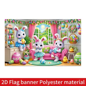 Easter Banner Backdrop, Large Macaron & Bunny Design, Polyester Party Background, Ideal for Parties & Gatherings