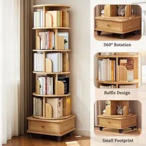 6 Tier Rotating Bookshelf Tower, 360° Revolving Bookcase with Wheels and Drawer, Round Spinning Book Shelf Kids, Small Corner Bookshelf for Living Room, Home, Office, Wood Color