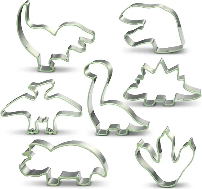 7pcs Sturdy Stainless Steel Dinosaur Cookie Cutter Kit with Silicone Rim - Dishwasher-Safe Baking Tools for Kids' Party Bake Projects, Fondant, Pancakes