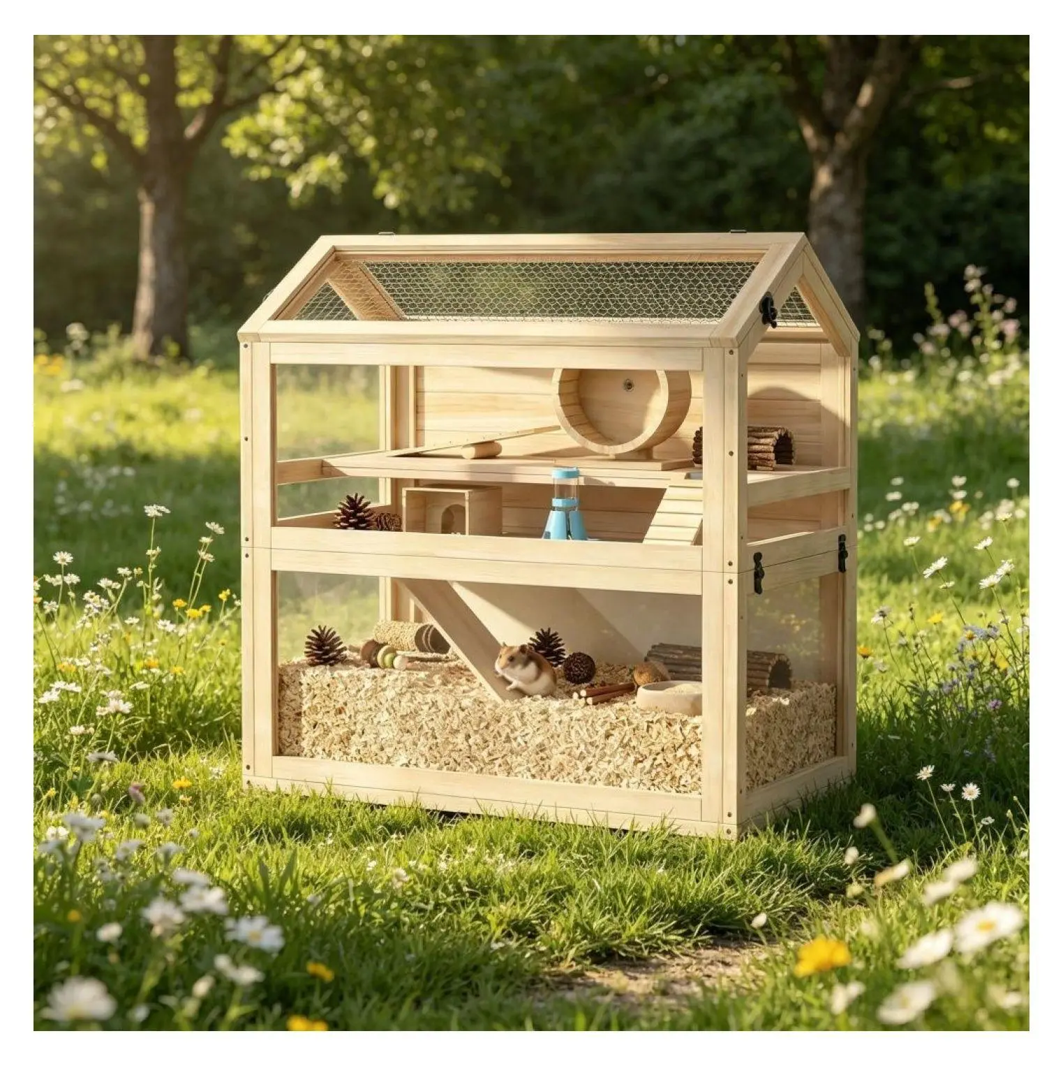 Wooden Hamster Cage - 3-Tier Solid Small Animal Habitat with Acrylic Panels, Easy Access Design, Chewable Elements, Secure Latches, Detachable Lower Section & Complete Kit Accessories