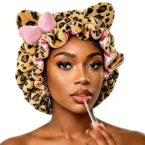 Luxury Double Layer Cute Teddy Bonnet Leopard Print Silk Bonnet for Sleeping Cute & Fashionable for Hair Care & Nighttime Protection, Breathable Cotton Lining for Sleeping, Styling,Travel & Daily Wear