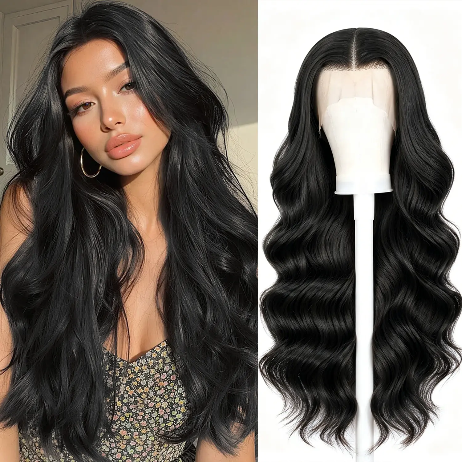 Vynexi 13x6 Synthetic Lace Front Wig Long Black wig Wavy for Synthetic Heat Resistant Body Wave Glueless Wigs Natural Hairline Pre Plucked Daily Party Use Wigs 30 Inch