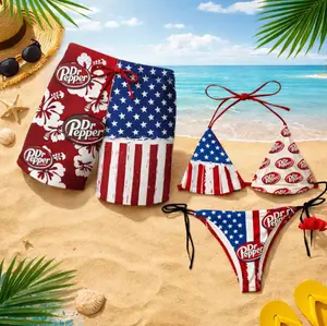 Couple Pepper Drinking Triangle Bikini & Mesh Shorts Set, USA Flag Inspired Matching Swimwear Set for Couples, Patriotic Red White Blue Beachwear, 4th of July Outfit Beach Party, Aloha Beach Outfit, Quick-drying Breathable
