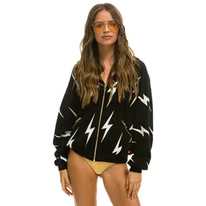 BOLT STITCH REPEAT RELAXED ZIP HOODIE WITH POCKET ZIPPERS- BLACK // WHITE