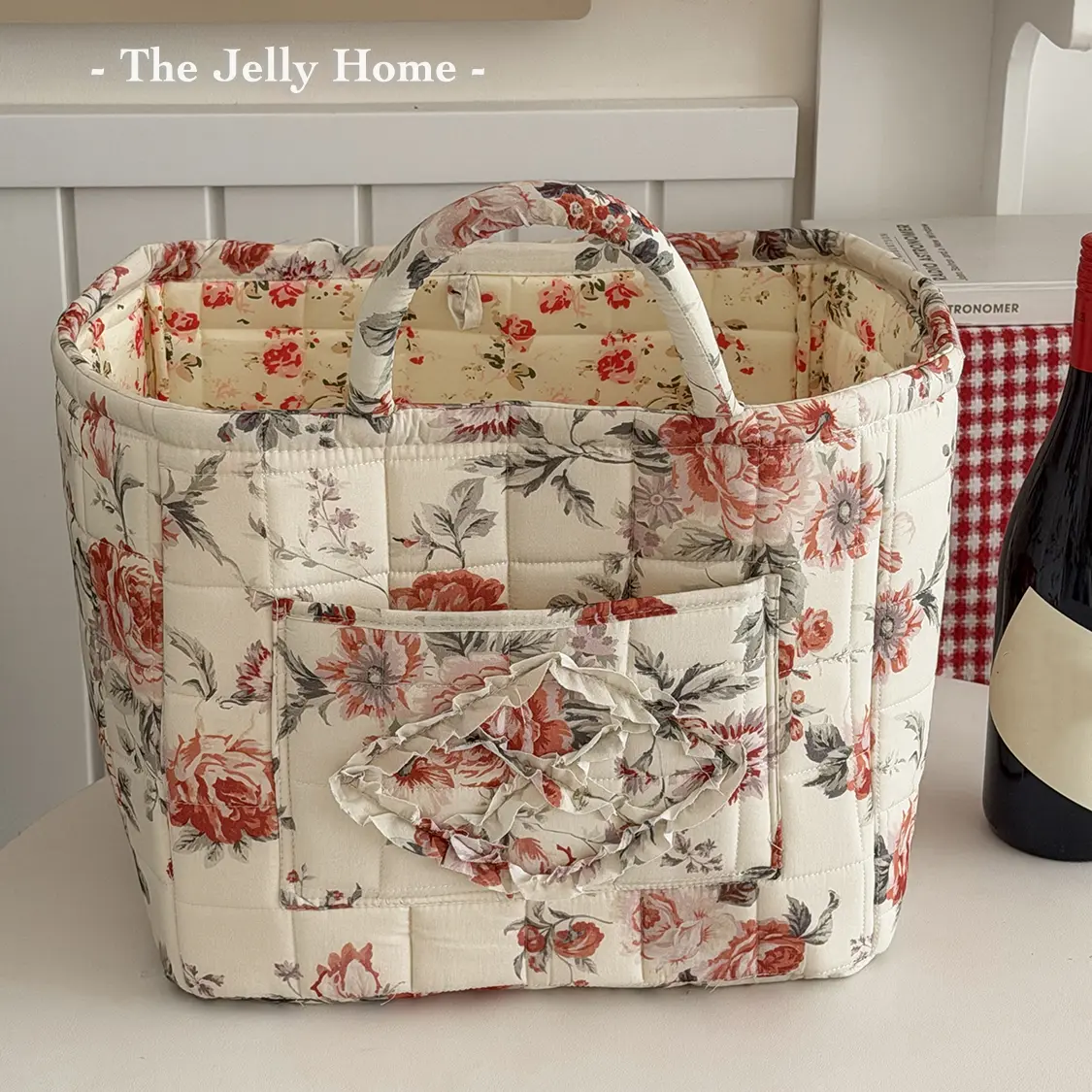 TJHome Large-capacity quilted tote storage bag/basket for clothes and miscellaneous items; handheld carry and foldable design; retro classic ditsy floral pattern; lightweight, thickened, drop-resistant—ideal for home and travel
