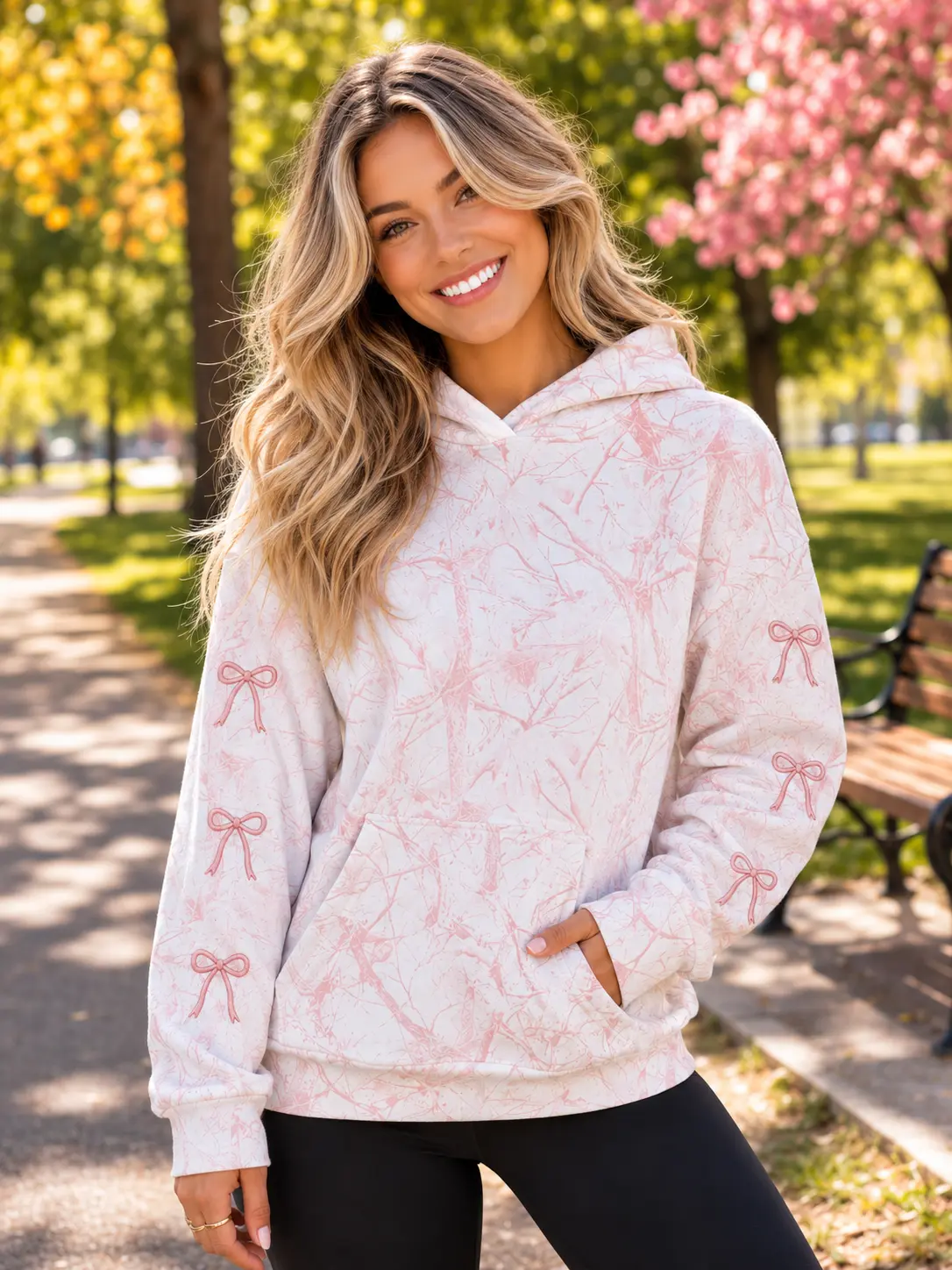 Simply Southern Bow Pink Camo Pattern Alice Long Sleeve Hoodie