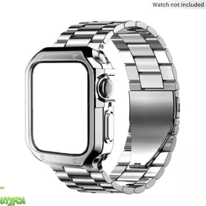 2 In 1 Stainless Steel Apple Watch Band and Case Set Ultra& Series 9–6, Polished Electroplated TPU Protective Cover with Adjustable Metal Link Bracelet,  Includes Resizing Tool for Men Women Business Daily and Office Wear Beach outfits Summervibes