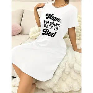 2025 New Fast Shipping Black White Red Women's Casual Round Neck T-Shirt Dress, Printed with 'NOPE IM GOING BACK TO BED' Letters, Knitted Fabric, Four Seasons Comfortable, Women's Summer Fashion Sexy Homewear Top, Pajamas for Wife and Mother, Nightdress,