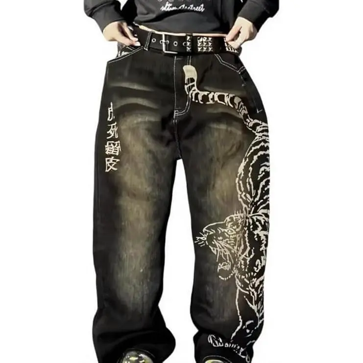 Xojbzoo Jeans for Women, Tiger Print Baggy Wide Leg Denim, Retro 2000s Street Style with Chain for Party Looks, Hip Hop Fit, 2025 Attitude, New Year, Vintage